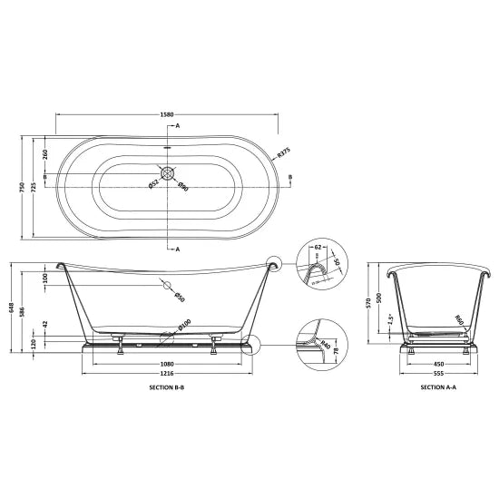 BC Designs Sanded 1580mm Freestanding Boat Bath