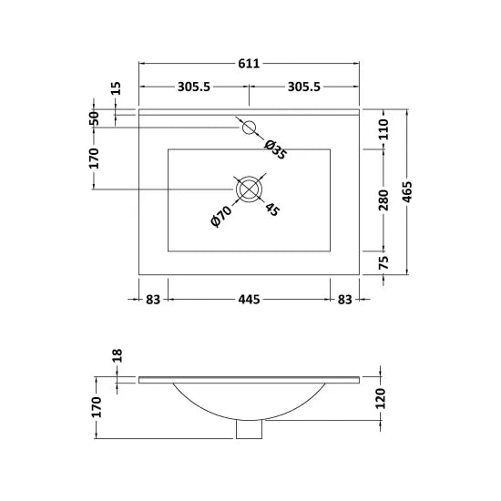 1 Tap Hole 600mm Ceramic Minimalist Rectangular Basin