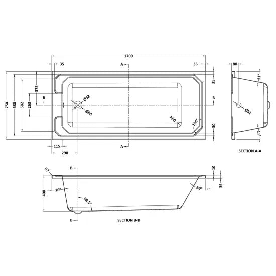 Bayswater Bathurst 1700mm Single Ended Bath