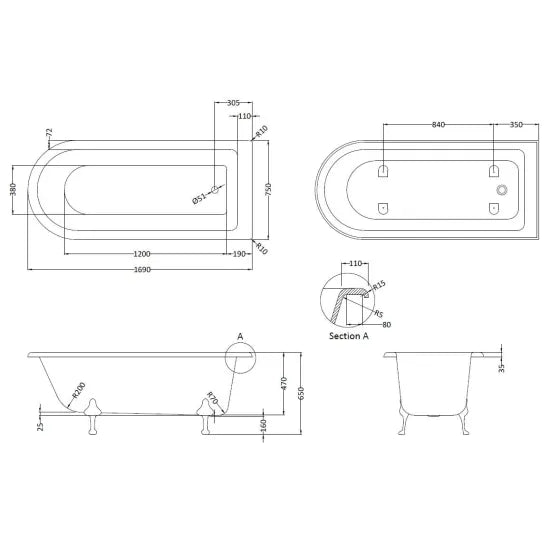 Bayswater 1700mm Freestanding Shower Bath