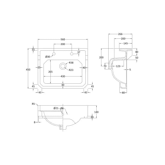 Bayswater Fitzroy 2 Tap Hole 560mm Ceramic Basin