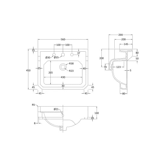 Bayswater Fitzroy 3 Tap Hole 560mm Ceramic Basin