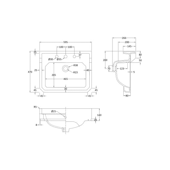Bayswater Fitzroy 3 Tap Hole 595mm Ceramic Basin