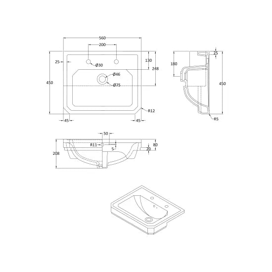 Bayswater 560mm 2 Tap Hole Semi-recessed Basin