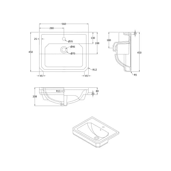Bayswater 560mm 1 Tap Hole Semi-recessed Basin