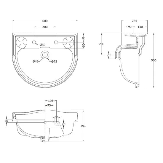 Bayswater Porchester 2 Tap Hole 600mm Ceramic Basin