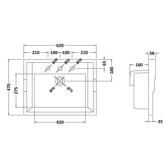 Bayswater 3 Tap Hole 600mm Traditional Basin