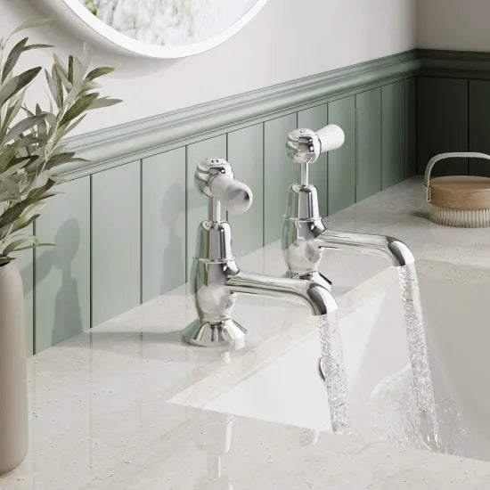 Old London Topaz Chrome/White Basin Taps With Dome Collar and Lever Handle