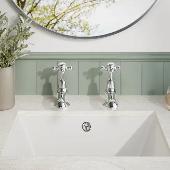 Old London Topaz Chrome/White Basin Taps With Dome Collar and Crosshead Handle