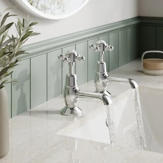 Old London Topaz Chrome/White Basin Taps With Dome Collar and Crosshead Handle