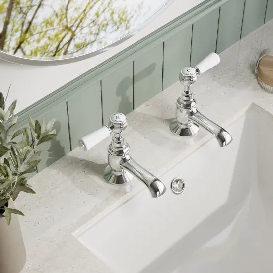 Old London Topaz Chrome/White Basin Taps With Hexagonal Collar and Lever Handle