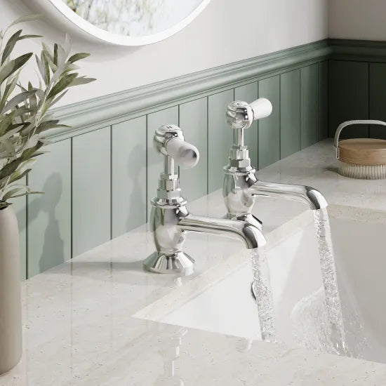 Old London Topaz Chrome/White Basin Taps With Hexagonal Collar and Lever Handle