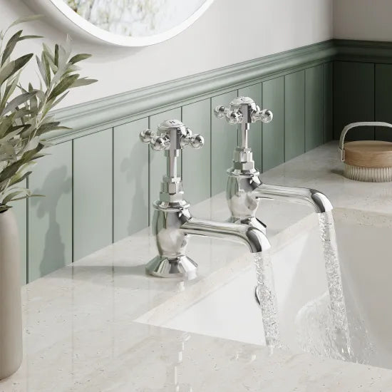 Old London Topaz Chrome/White Basin Taps With Hexagonal Collar and Crosshead Handle