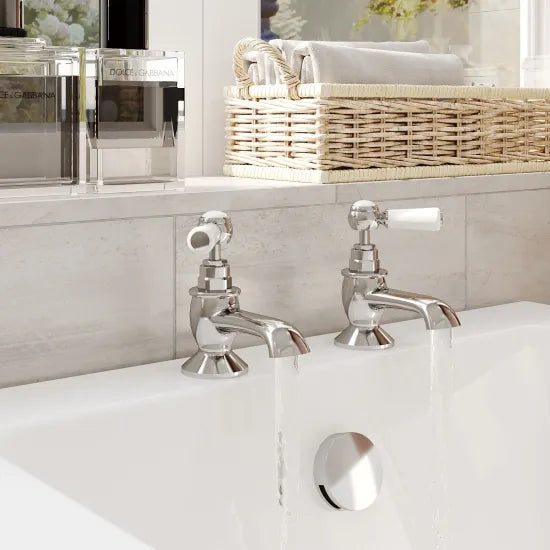 Old London Topaz Chrome/White Bath Tap With Hexagonal Collar and Lever Handle