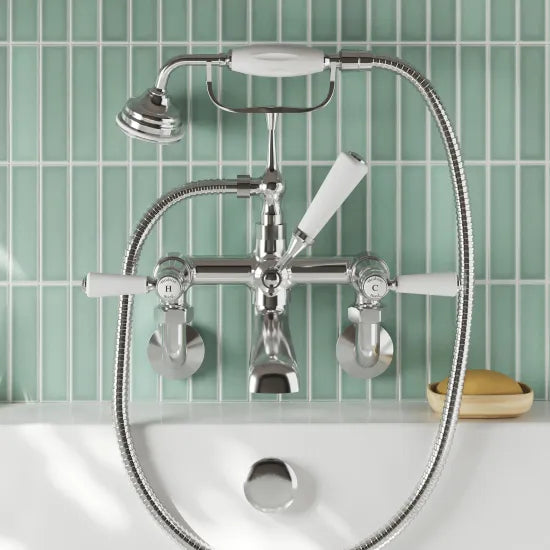 Old London Topaz Chrome/White Wall Mounted Bath Shower Mixer With Dome Collar and Lever Handle