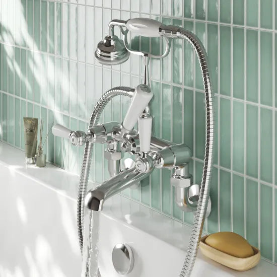 Old London Topaz Chrome/White Wall Mounted Bath Shower Mixer With Dome Collar and Lever Handle