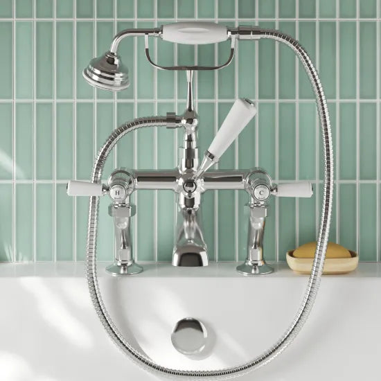 Old London Topaz Chrome/White Deck Mounted Bath Shower Mixer With Lever Handle