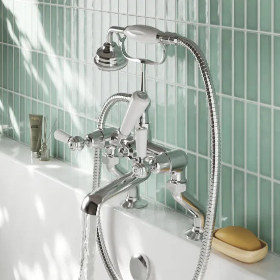Old London Topaz Chrome/White Deck Mounted Bath Shower Mixer With Lever Handle