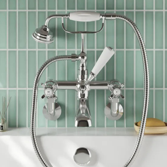 Old London Topaz Chrome/White Wall Mounted Bath Shower Mixer With Dome Collar and Crosshead Handle