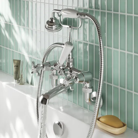 Old London Topaz Chrome/White Wall Mounted Bath Shower Mixer With Dome Collar and Crosshead Handle