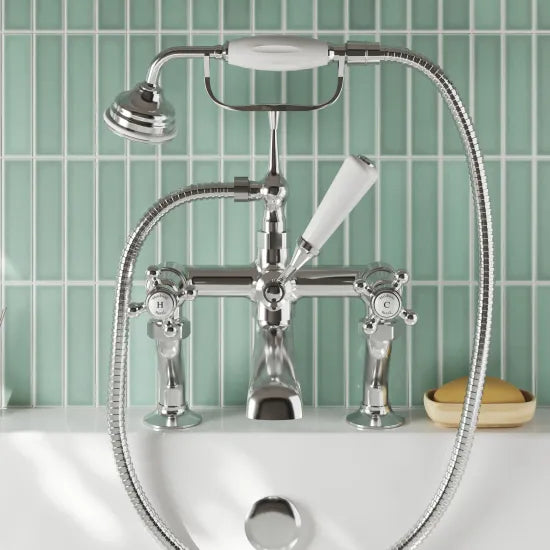 Old London Topaz Chrome/White Deck Mounted Bath Shower Mixer With Dome Collar and Crosshead Handle