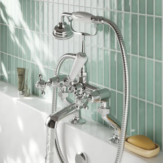 Old London Topaz Chrome/White Deck Mounted Bath Shower Mixer With Dome Collar and Crosshead Handle