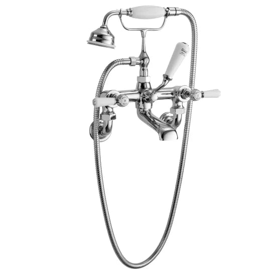 Old London Topaz Chrome/White Wall Mounted Bath Shower Mixer With Hexagonal Collar and Lever Handle