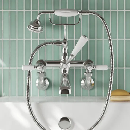 Old London Topaz Chrome/White Wall Mounted Bath Shower Mixer With Hexagonal Collar and Lever Handle