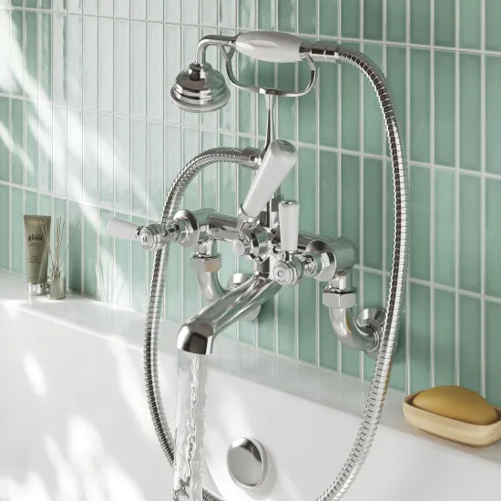 Old London Topaz Chrome/White Wall Mounted Bath Shower Mixer With Hexagonal Collar and Lever Handle