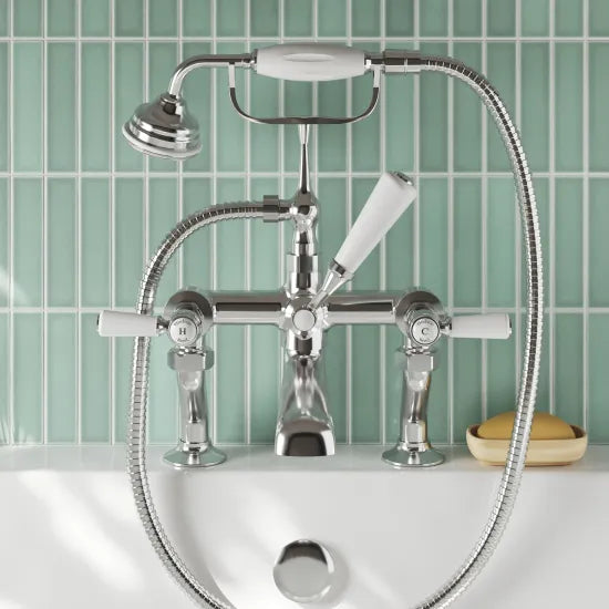 Old London Topaz Chrome/White Bath Shower Mixer With Hexagonal Collar and Lever Handle