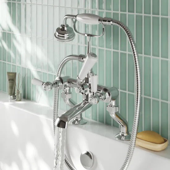 Old London Topaz Chrome/White Bath Shower Mixer With Hexagonal Collar and Lever Handle