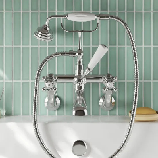 Old London Topaz Chrome/White Wall Mounted Bath Shower Mixer With Hexagonal Collar and Crosshead Handle