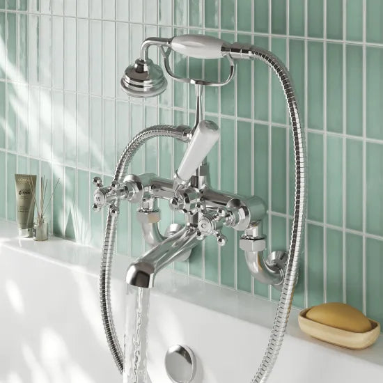 Old London Topaz Chrome/White Wall Mounted Bath Shower Mixer With Hexagonal Collar and Crosshead Handle