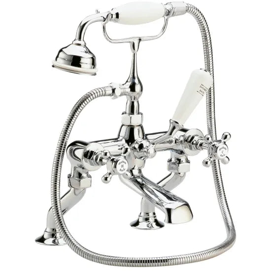 Old London Topaz Chrome/White Deck Mounted Bath Shower Mixer With Hexagonal Collar and Crosshead Handle