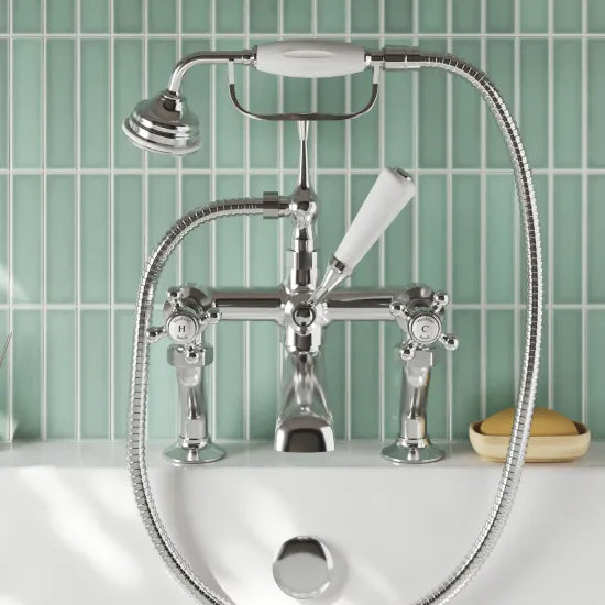 Old London Topaz Chrome/White Deck Mounted Bath Shower Mixer With Hexagonal Collar and Crosshead Handle