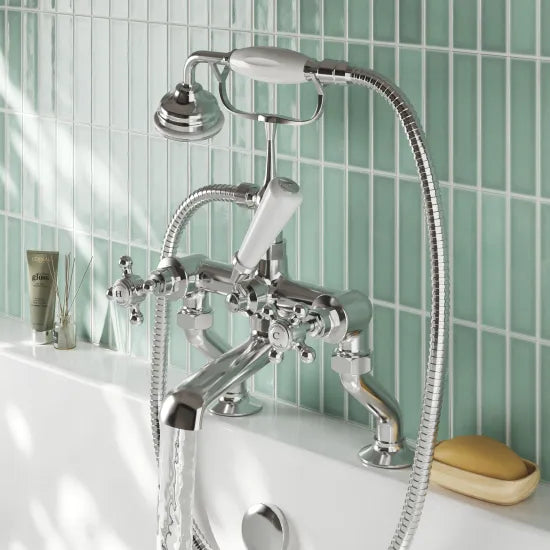 Old London Topaz Chrome/White Deck Mounted Bath Shower Mixer With Hexagonal Collar and Crosshead Handle