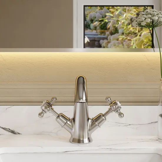 Old London Topaz Chrome/White Mono Basin Mixer With Dome Collar and Crosshead Handle Mixer and Waste