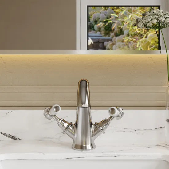 Old London Topaz Chrome/White Mono Basin Mixer With Hexagonal Collar and Lever Handle Mixer and Waste