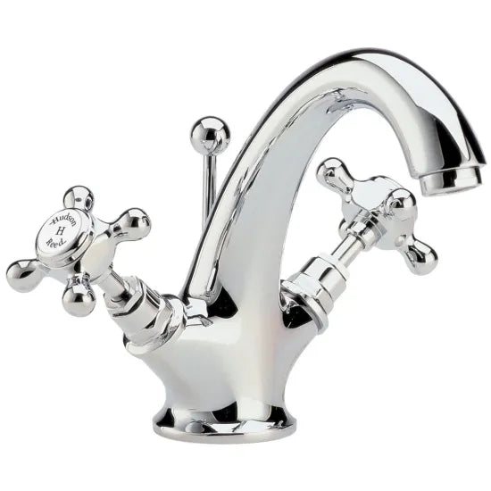 Old London Topaz Chrome/White Mono Basin Mixer With Hexagonal Collar and Crosshead Handle Mixer and Waste
