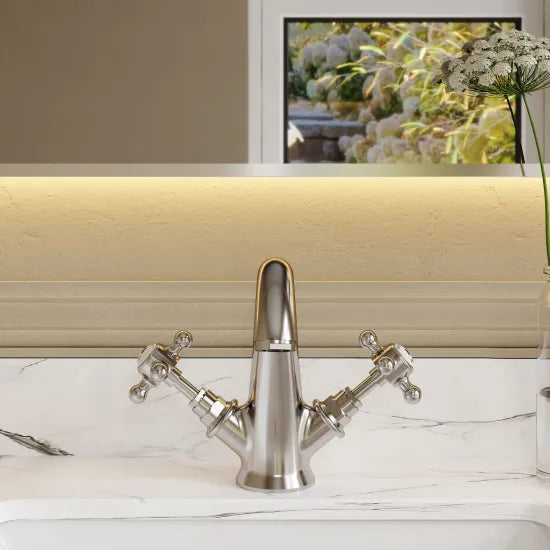 Old London Topaz Chrome/White Mono Basin Mixer With Hexagonal Collar and Crosshead Handle Mixer and Waste