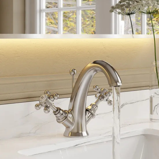 Old London Topaz Chrome/White Mono Basin Mixer With Hexagonal Collar and Crosshead Handle Mixer and Waste
