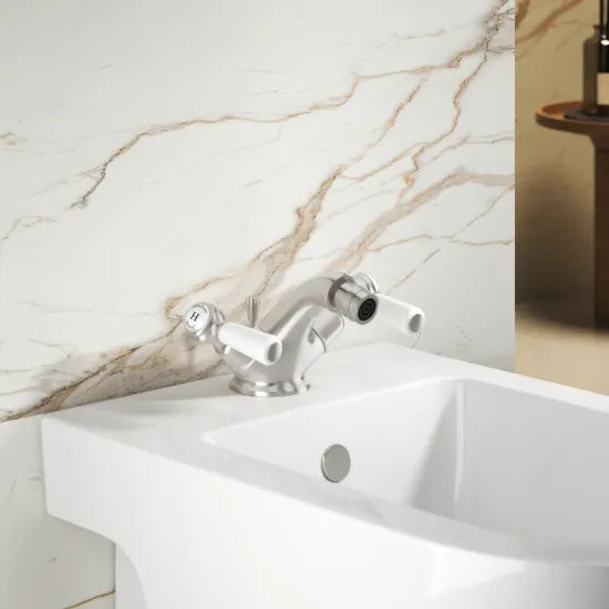 Old London Topaz Chrome/White Bidet Mixer With Dome Collar and Lever Handle and Pop Up Waste