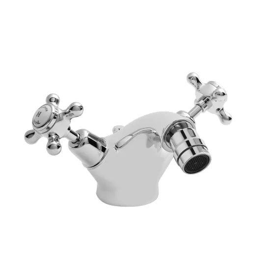 Old London Topaz Chrome/White Bidet Mixer With Dome Collar and Crosshead Handle and Pop Up Waste