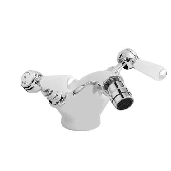 Old London Topaz Chrome/White Bidet Mixer With Hexagonal Collar and Lever Handle and Pop Up Waste