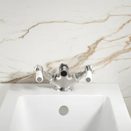 Old London Topaz Chrome/White Bidet Mixer With Hexagonal Collar and Lever Handle and Pop Up Waste