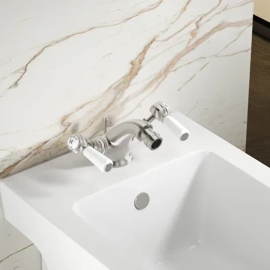 Old London Topaz Chrome/White Bidet Mixer With Hexagonal Collar and Lever Handle and Pop Up Waste