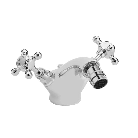 Old London Topaz Chrome/White Bidet Mixer With Hexagonal Collar and Crosshead Handle and Pop Up Waste