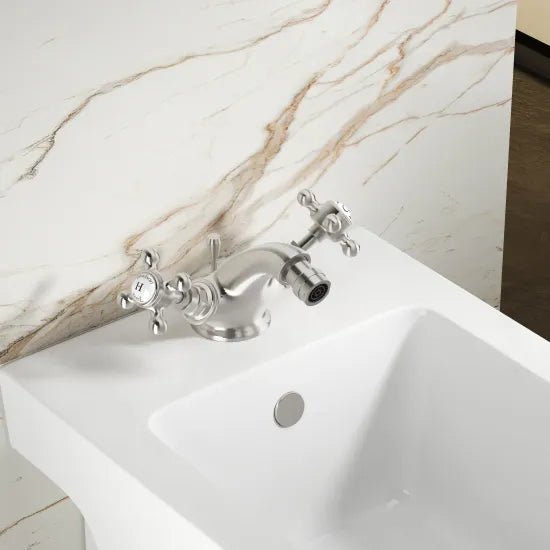 Old London Topaz Chrome/White Bidet Mixer With Hexagonal Collar and Crosshead Handle and Pop Up Waste