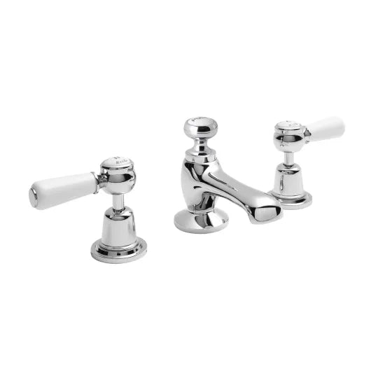 Old London Topaz Chrome/White 3 Tap Hole Basin Mixer With Dome Collar and Lever Handle and Waste