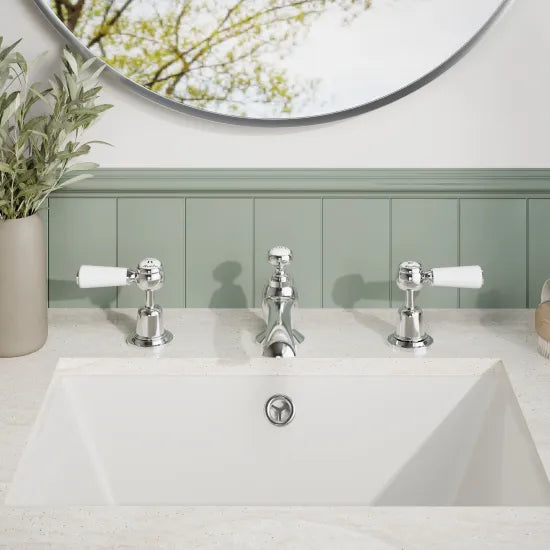 Old London Topaz Chrome/White 3 Tap Hole Basin Mixer With Dome Collar and Lever Handle and Waste